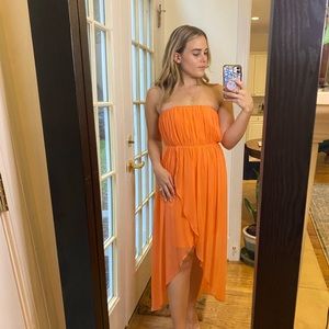 Alice + Olivia Orange Silk Strapless High-Low Tulip Dress